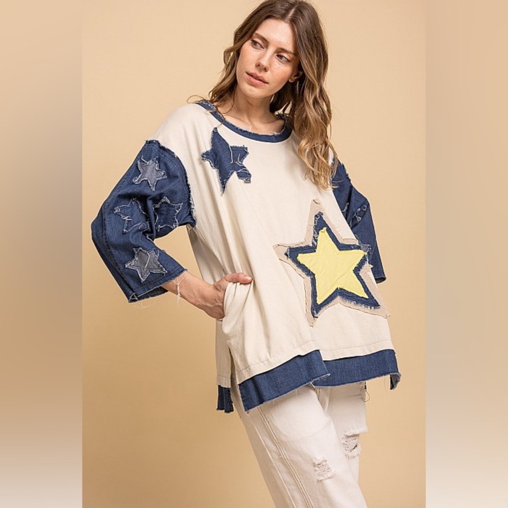 Blue Velvet-Stylish Star Patchwork Women's Sweatshirt with Pockets